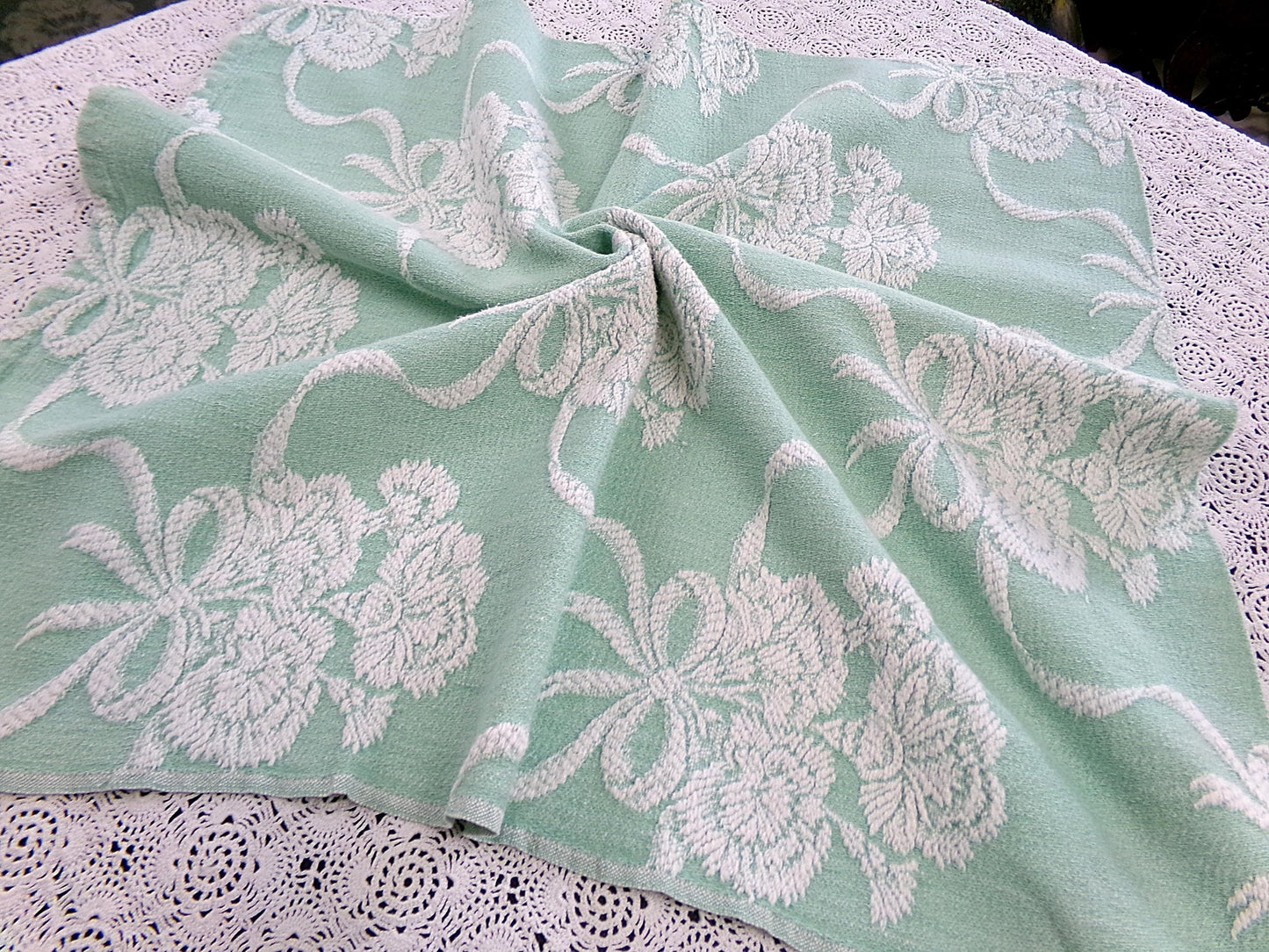 Shabby Floral Vintage Woven Fabric Piece Mint Green Carnation Flowers 20x24"