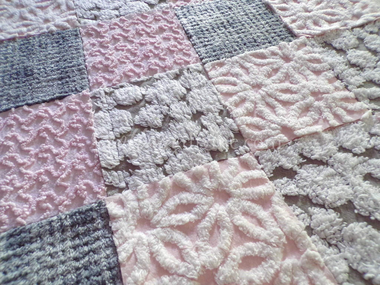 vintage 6" chenille fabric squares, set of 16 sophisticated grey & pink quilt blocks