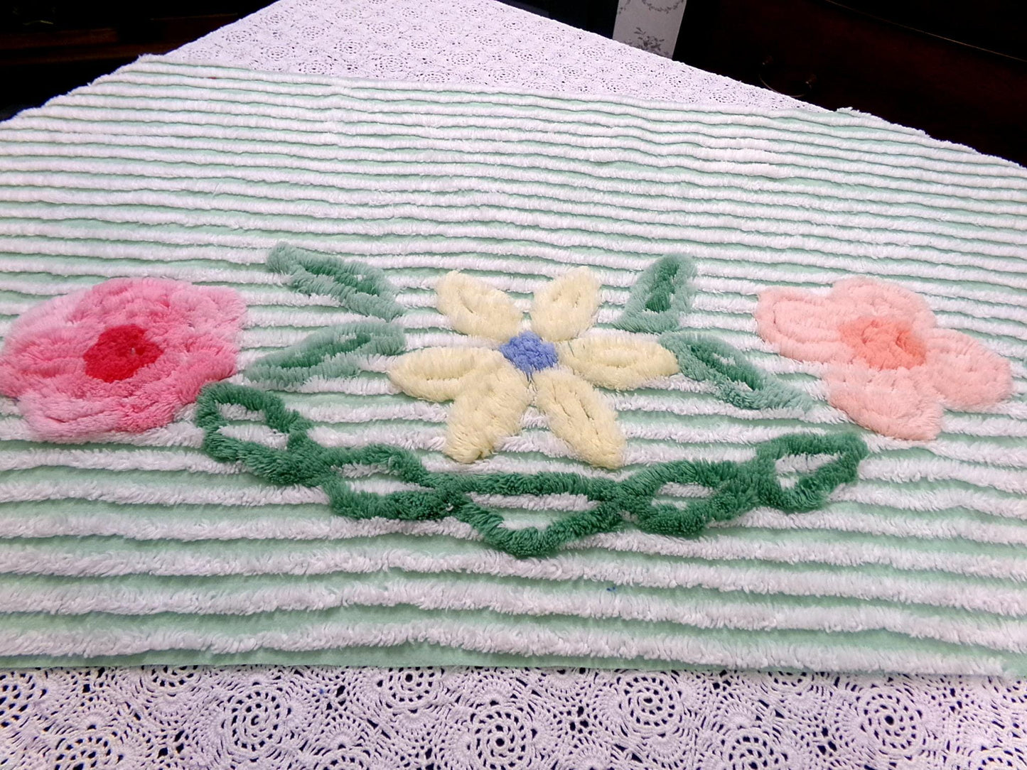 Mint Green Floral Vintage Chenille Bedspread Fabric Piece 18x33"