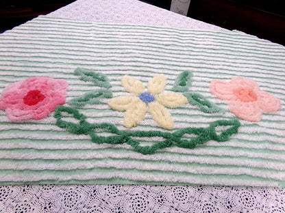 Mint Green Floral Vintage Chenille Bedspread Fabric Piece 18x33"