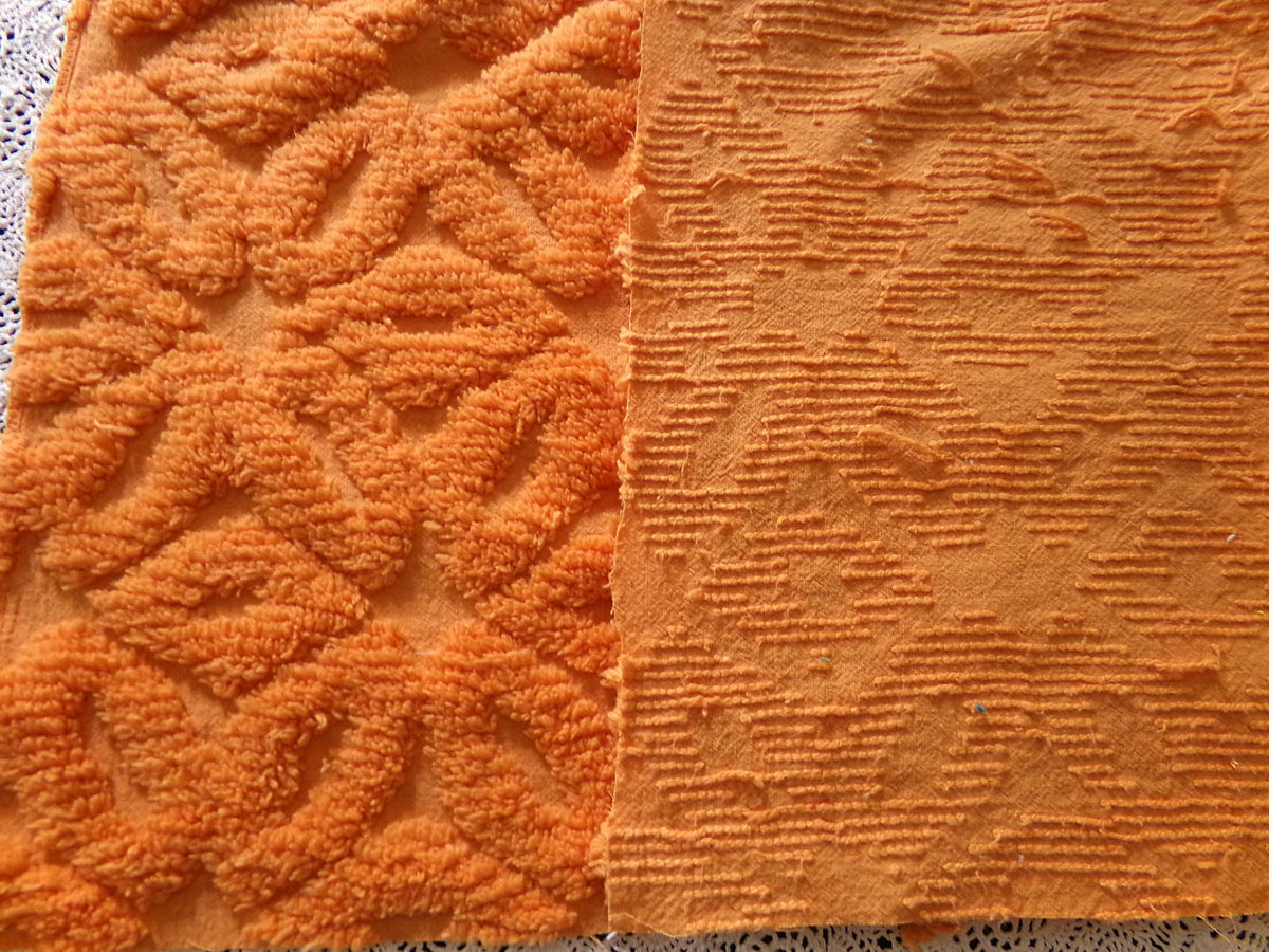 Orange Daisy Vintage Chenille Fabric 17x24" Pc, 1970s Flower Power Boho Style
