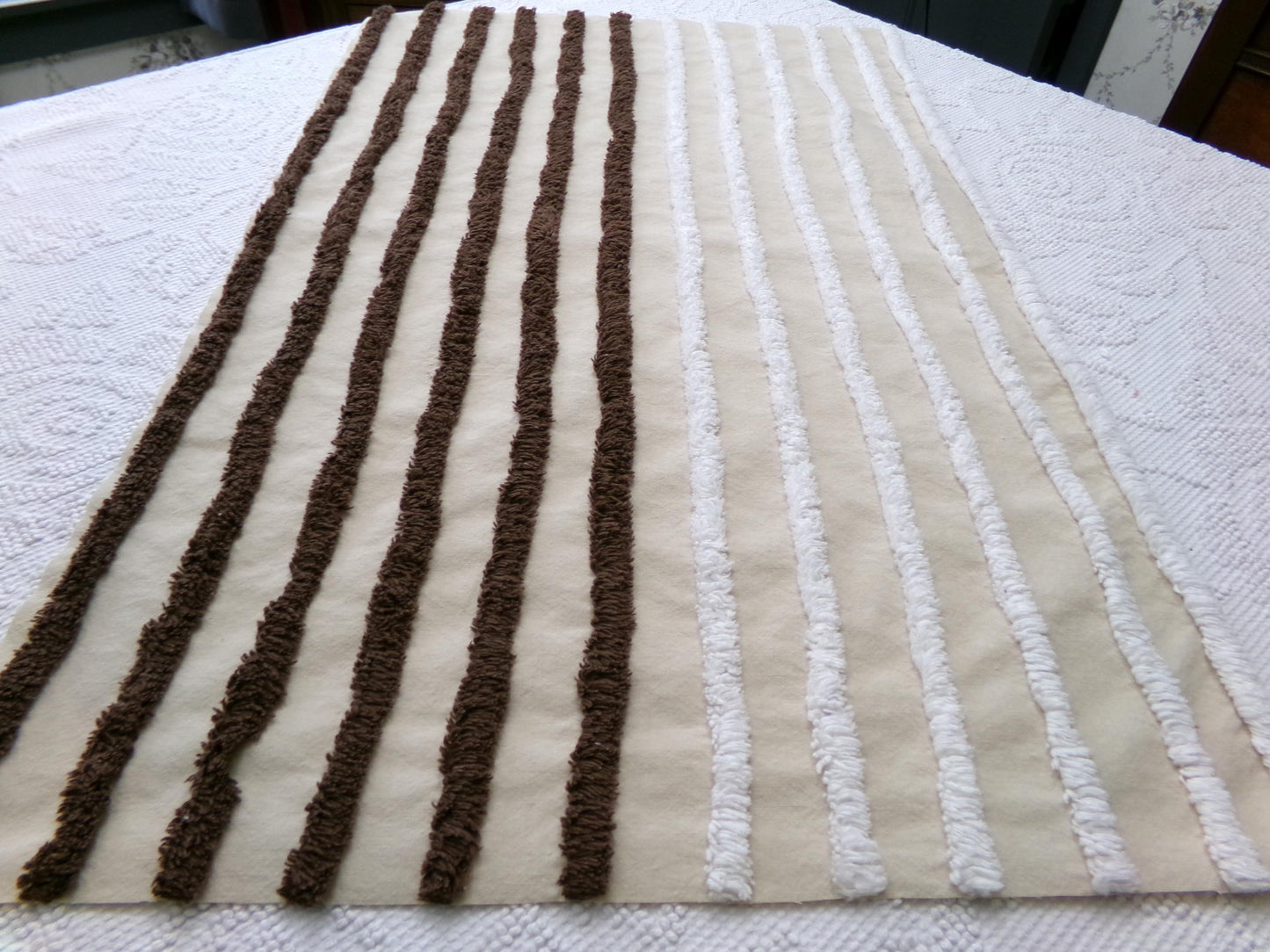 split road vintage chenille fabric, tufted contrast design, 17" x 27" unique piece of quilt material