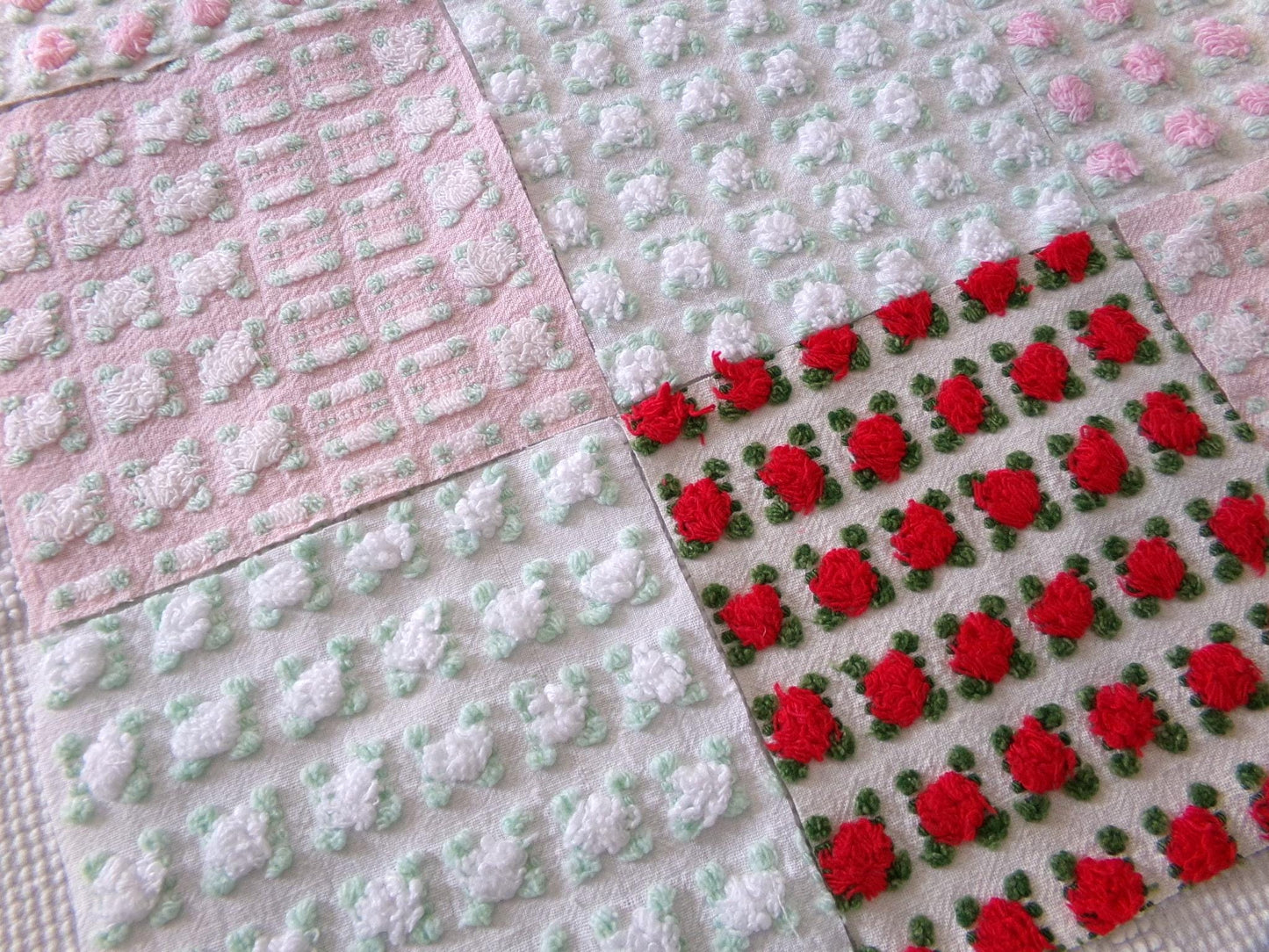 romantic rosebuds vintage chenille fabric squares, gorgeous medley of pink, red, white roses, set of 16 quilt blocks, 6" x 6" inch