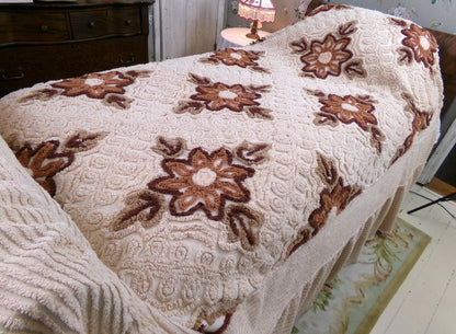 hazelnut coffee floral vintage chenille bedspread, full size luxury bedding with an integrated skirt, boxed & fitted design, boho retreat