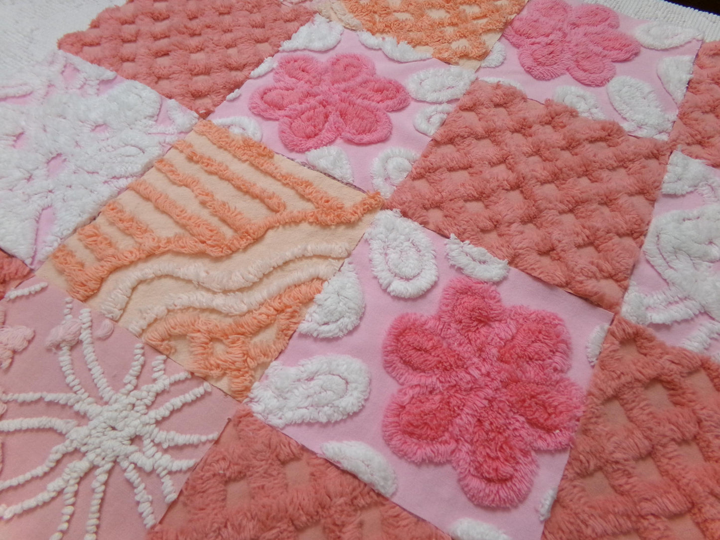 Strawberry Peach Vintage Chenille Fabric Squares Set, 16 Quilt Blocks, 6" x 6" inches each, for Quilting, Sewing, DIY Pillows