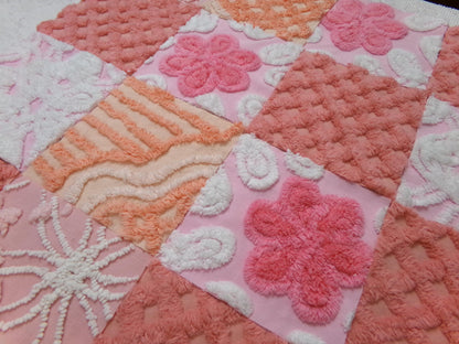 Strawberry Peach Vintage Chenille Fabric Squares Set, 16 Quilt Blocks, 6" x 6" inches each, for Quilting, Sewing, DIY Pillows
