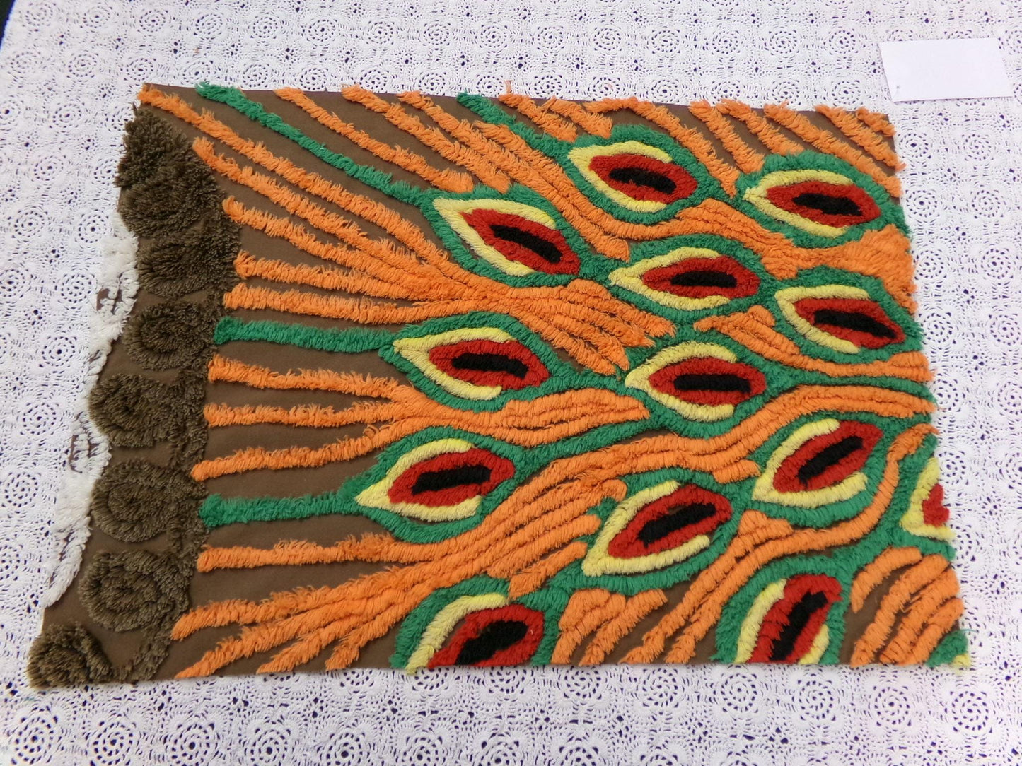 flame feathers vintage chenille bedspread fabric boho peacock plumes brown orange 14x20"