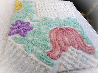 big pink tulip vintage chenille fabric, tropical floral design on white cotton, 18" x 24" piece, upcycle for wallhanging, pillows