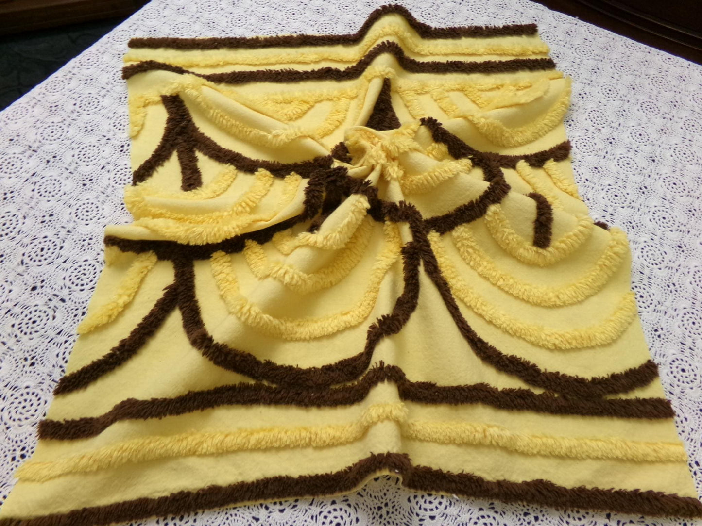 Vintage Chenille Bedspread Fabric Yellow Brown Swag Scallop 18x22.5" Piece Quilt Sewing Material