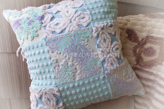 Coastal Chic Velvet & Chenille Pillow Cover 16" x 16" inch Square, REVERSIBLE Patchwork Accent Pillow from Vintage Chenille Bedspread Fabric