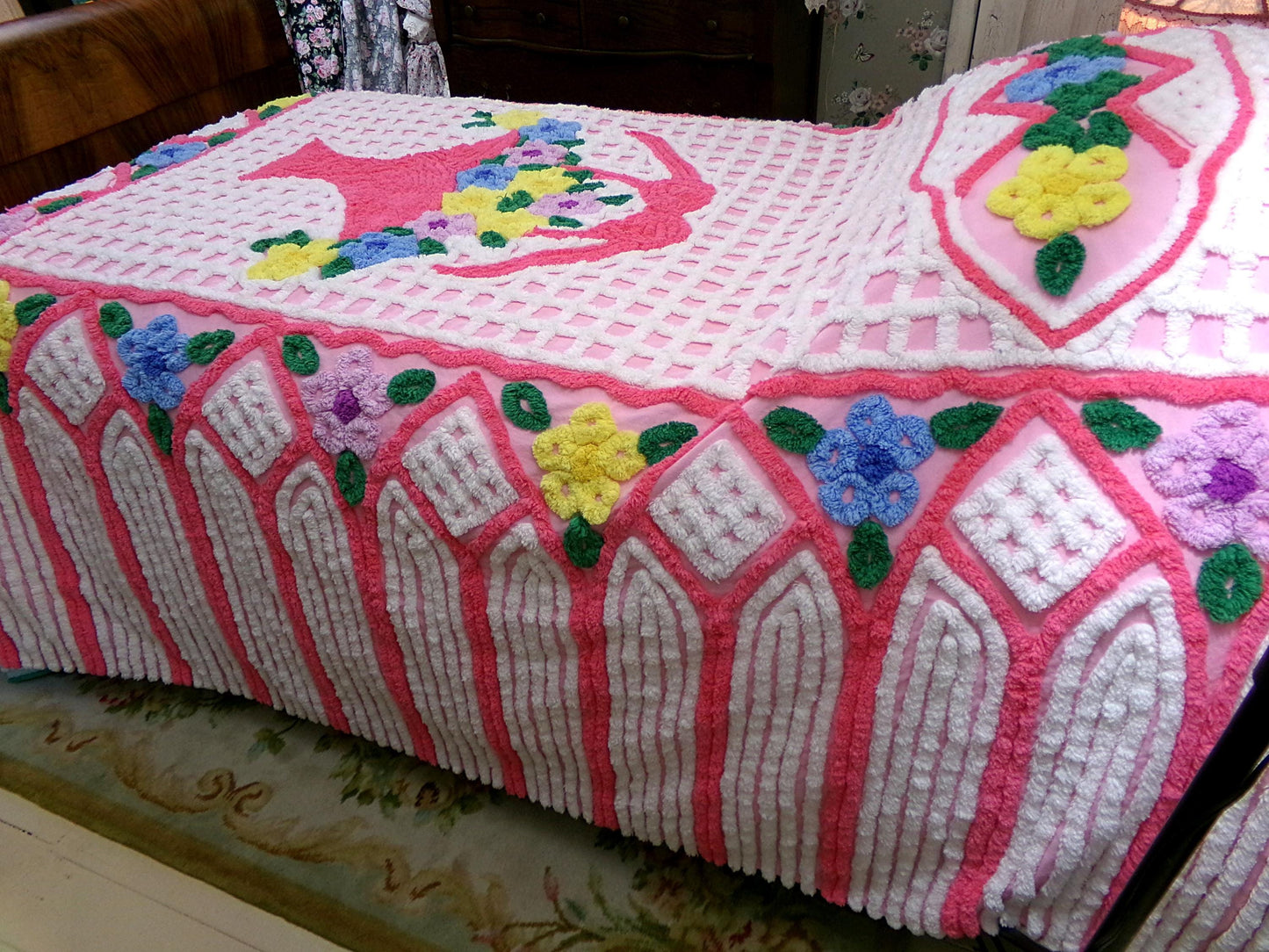 plush cupcake frosting vintage chenille bedspread, pink flower basket w/ cathedral stripes, girly cottage full size luxury cotton bedding