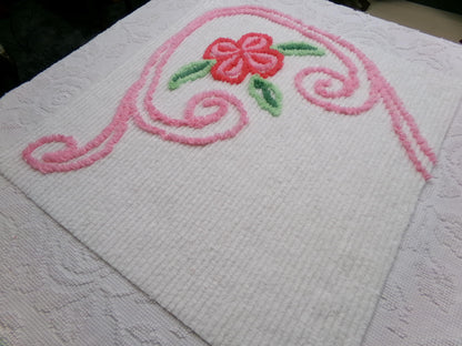 Vintage Chenille Fabric, Pink Flower Abstract Heart Piece Sewing & Quilt Material 22" x 23"