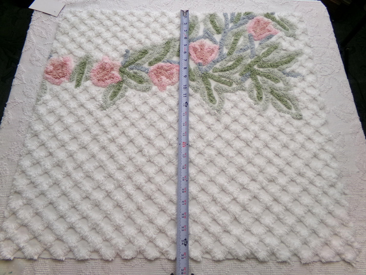 climbing tulips vintage chenille fabric in plush pink & white offset floral trellis design, 26" x 24" piece of sewing material