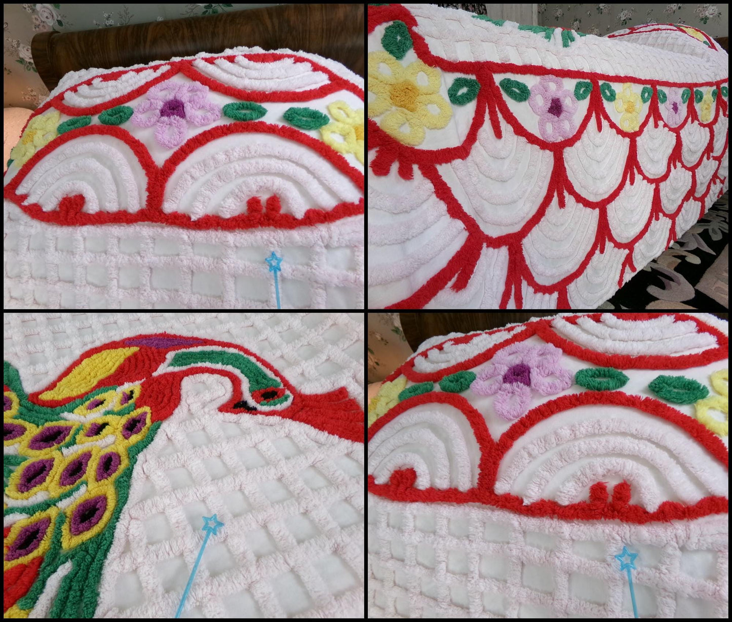 Sprawling Peacock Vintage Chenille Bedspread, Boho Red Green & White Cotton Full Size