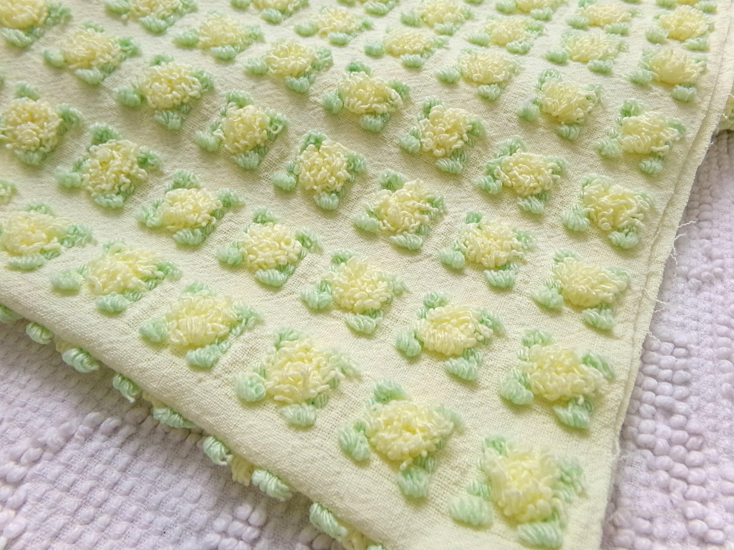 plump yellow rosebud vintage chenille fabric, cottage chic sewing & quilt material, 18" x 25"