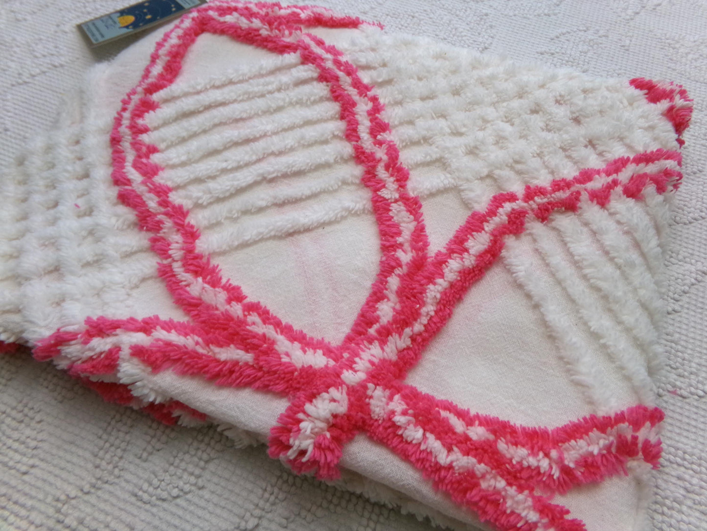 Vintage Hot Pink White Chenille Fabric: Geometric Pattern Retro Mid Century Textile Craft Quilting Supplies, 20" x 25" Piece