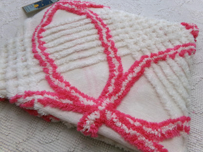 Vintage Hot Pink White Chenille Fabric: Geometric Pattern Retro Mid Century Textile Craft Quilting Supplies, 20" x 25" Piece