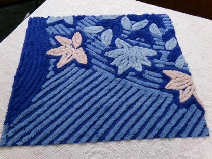 mystical blue vintage chenille bedspread fabric, plush lux star lily florals, 18" x 22" piece