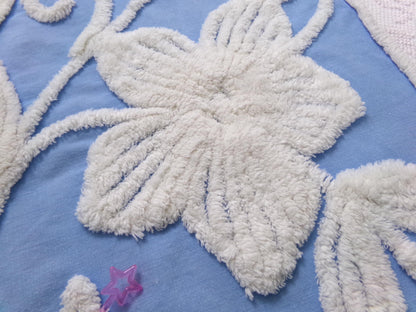 Vintage Chenille Fabric Piece, White Botanical Floral on Sky Blue, 21" x 24" Sewing Material