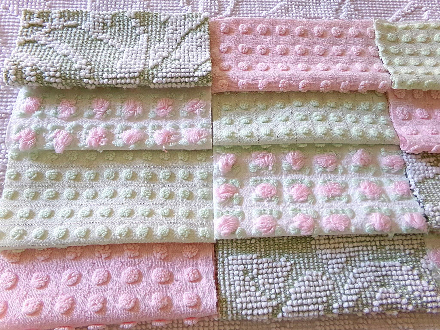 blossom & botanical vintage chenille fabric squares, rotary cut set of 16 quilt blocks 6" each in pink, green