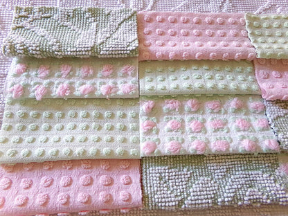 blossom & botanical vintage chenille fabric squares, rotary cut set of 16 quilt blocks 6" each in pink, green