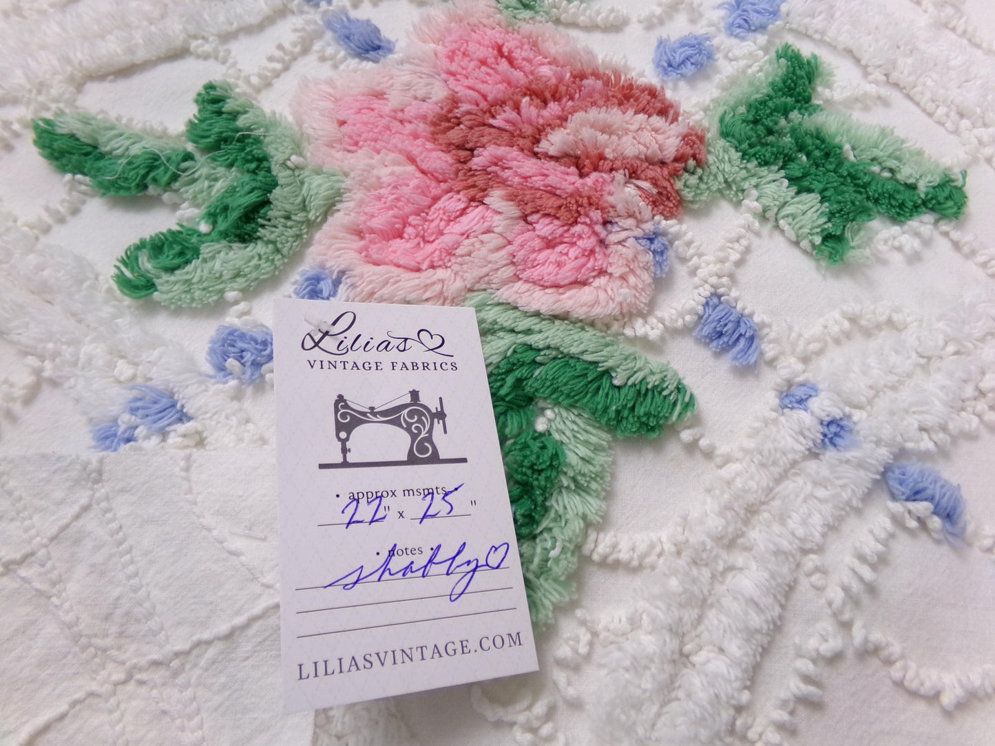 shabby cottage vintage chenille fabric, pink rose quilt material, 22" x 25" piece