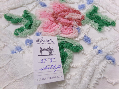 shabby cottage vintage chenille fabric, pink rose quilt material, 22" x 25" piece