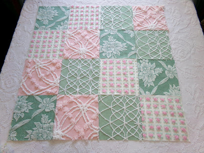 enchanted garden vintage woven & chenille fabric squares, set of 16 pink jade 6" quilt blocks for crafts, sewing, diy pillow covers