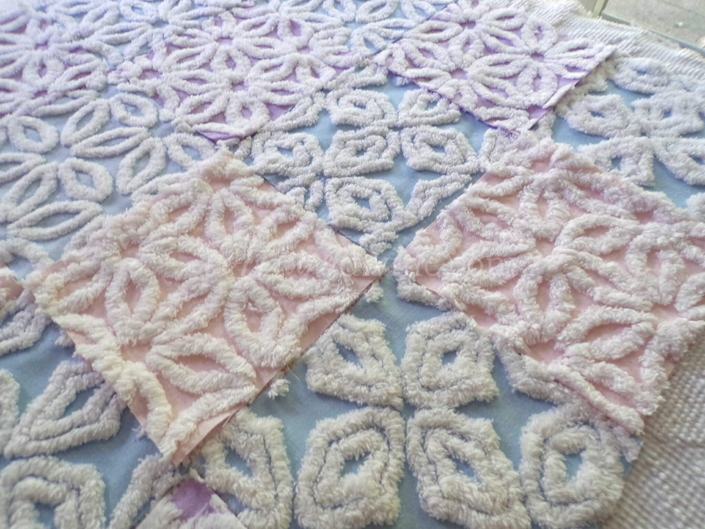 fluffy pastel vintage chenille fabric squares in pink, blue & lilac white, set of 16 quilt blocks, 6" x 6" inches each for quilting, crafts