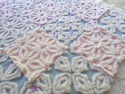 fluffy pastel vintage chenille fabric squares in pink, blue & lilac white, set of 16 quilt blocks, 6" x 6" inches each for quilting, crafts