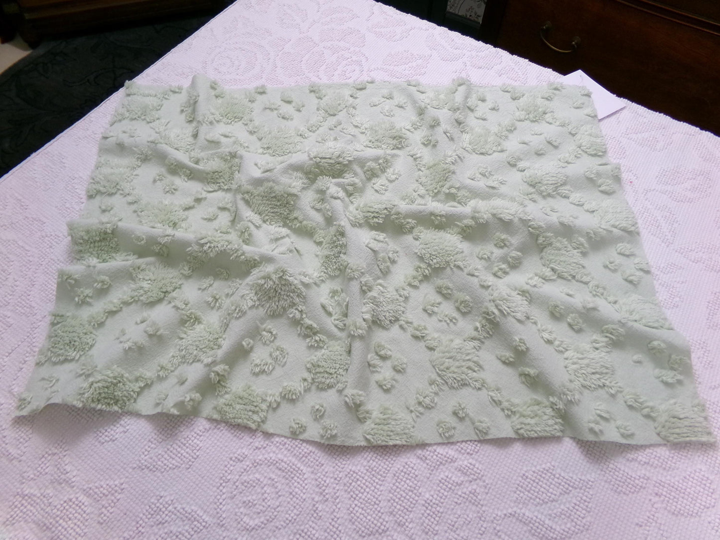 fluffy green vintage style chenille fabric, versatile sewing & quilt material, 19" x 24" piece