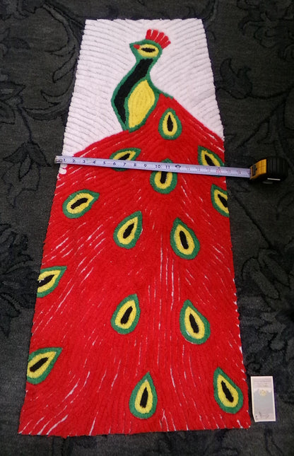 Red Peacock Vintage Chenille Fabric Piece, Plush Bird Design 13x39" Panel