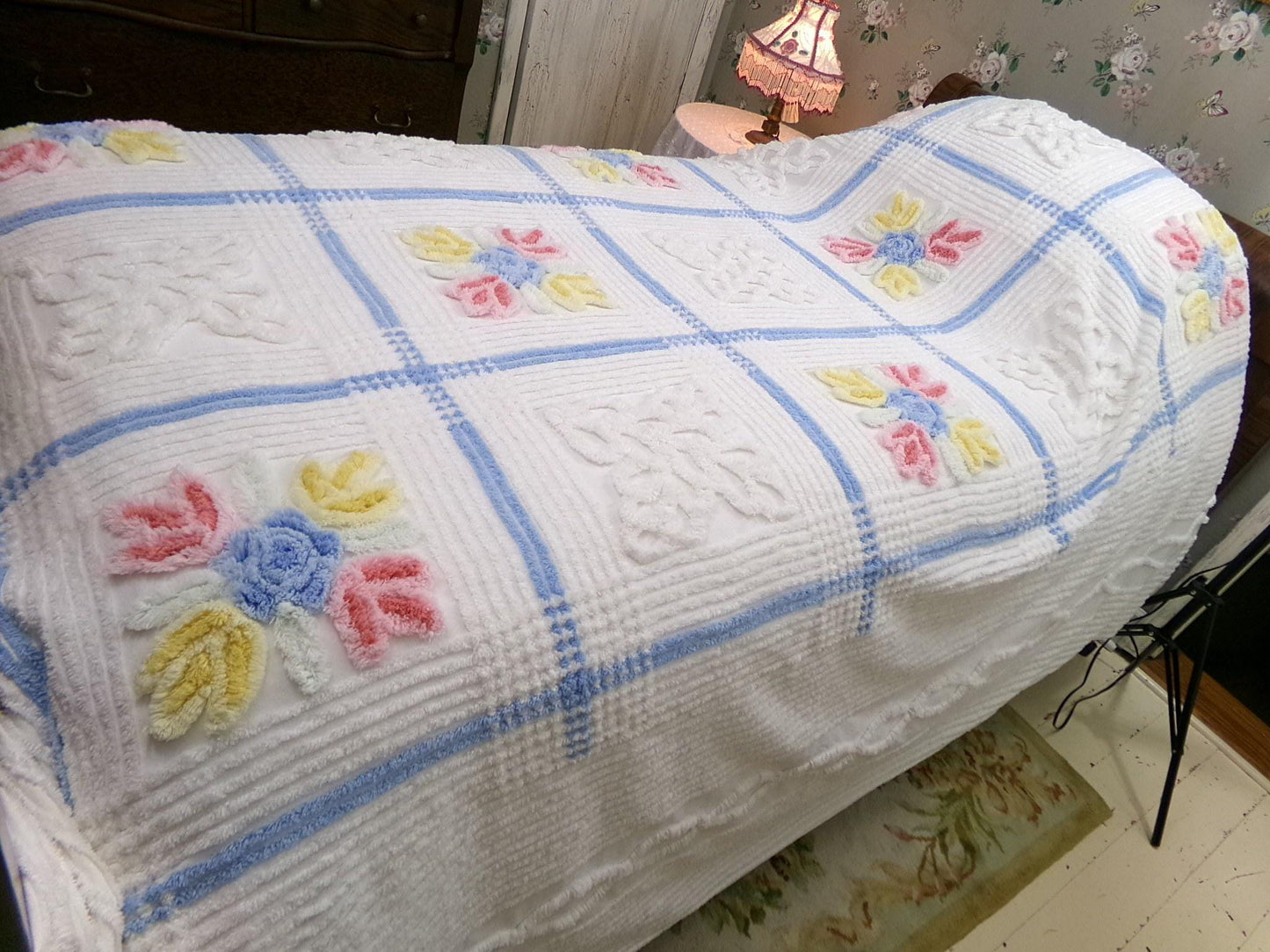 Vintage Full Size Chenille Bedspread | Country Beach Cottage | Coastal Farmhouse Decor | Cotton Seaside Chic Bedding | Beach House Style