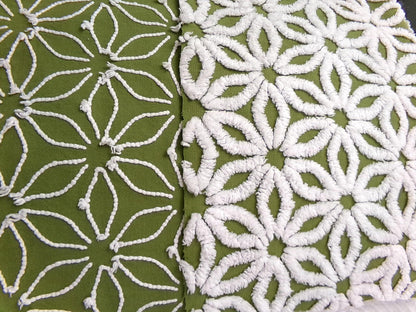 Boho Olive Green Vintage Chenille Fabric, High Contrast White Daisy 18x24" Pc