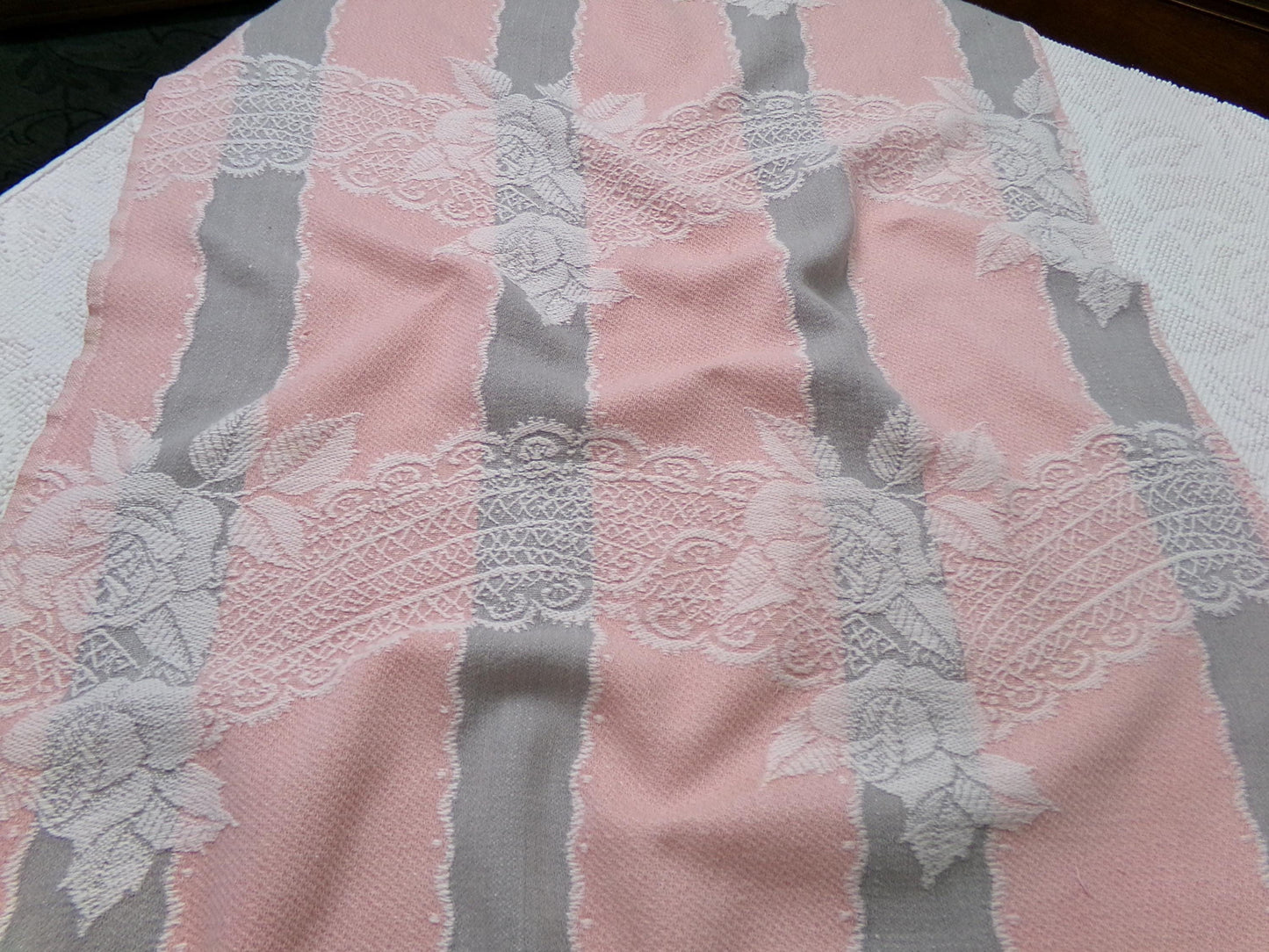 Lacy Rose Vintage Woven Fabric Piece Pink & Grey Stripes Shabby Chic Sewing Material 24x23"