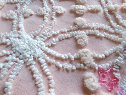 iced peach vintage chenille fabric, needletuft white wedding rings & overtufted pops, 20" x 24" piece sewing material for quilting, crafts