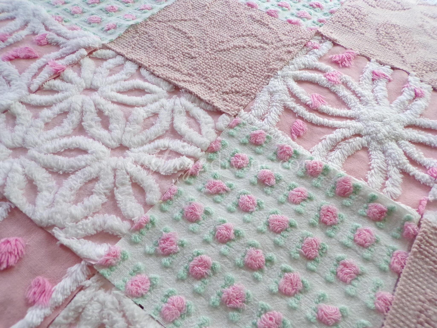 angel pink vintage chenille fabric squares, rosebuds, daisy patterns, set of 16 quilt blocks, 6" x 6" each, pretty in patchwork pillows