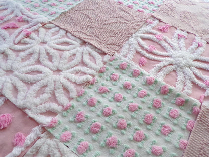 angel pink vintage chenille fabric squares, rosebuds, daisy patterns, set of 16 quilt blocks, 6" x 6" each, pretty in patchwork pillows