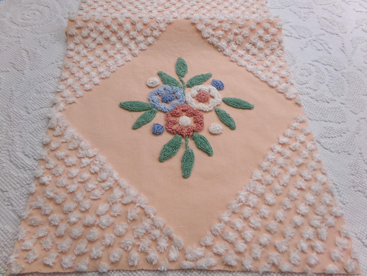 Peach Wildflower Vintage Chenille Bedspread Fabric, 15" x 33" Piece Sewing & Quilt Material