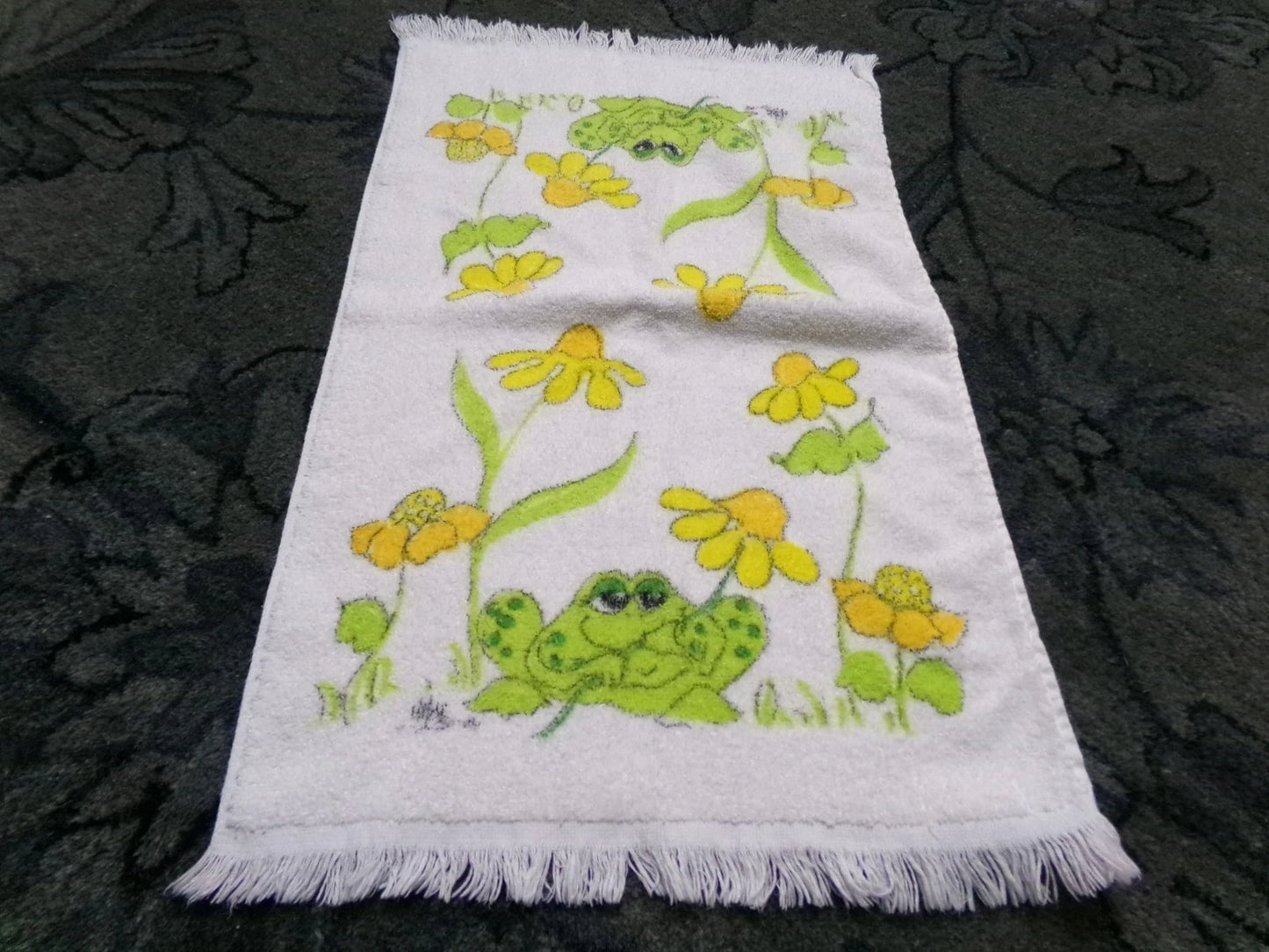 Vintage Frog Towel 1970s Boho Cannon Kitchen Hand Terry Towel 14X24" w/ Fringe