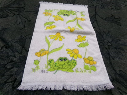 Vintage Frog Towel 1970s Boho Cannon Kitchen Hand Terry Towel 14X24" w/ Fringe