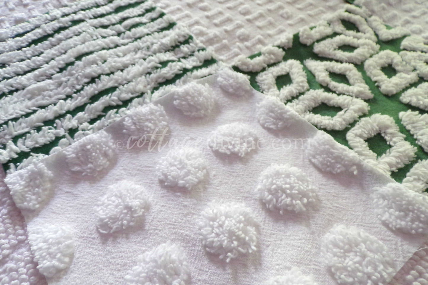 First Snowfall Quilt Squares Set, from Vintage Chenille Bedspread Fabric, 16 Blocks, 6" x 6" inch, Evergreen & White