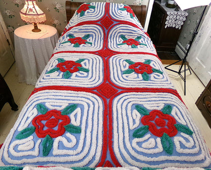 midnight in a garden of roses vintage chenille bedspread, red flowers on starry blue with white swirl tufting, full size bedding