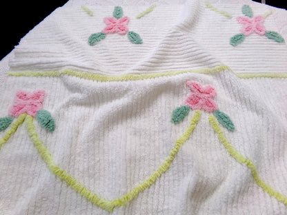 floral vintage chenille bedspread fabric, swinging roses quilt material, 25" x 24"