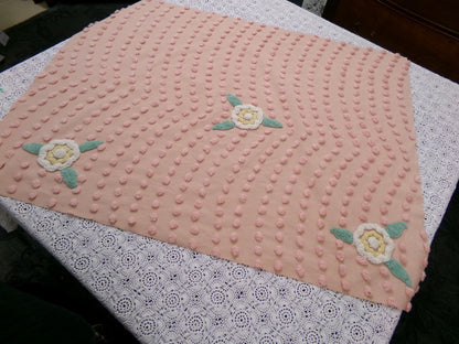 Vintage Cotton Chenille Fabric Peach Dot Floral Accents 23 x 30" Shabby Chic