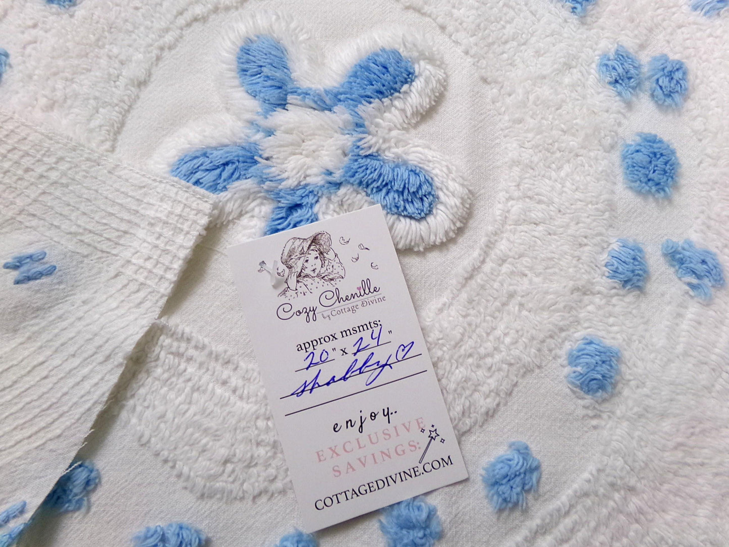 Boho Coastal Vintage Chenille Bedspread Fabric, Blue Circle Dot Flowers 24" x 20" Piece