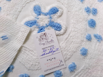 Boho Coastal Vintage Chenille Bedspread Fabric, Blue Circle Dot Flowers 24" x 20" Piece