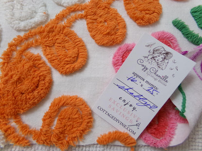 citrus floral vintage chenille bedspread fabric, orange & white quilt material, 16" x 25"