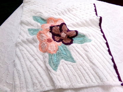 Vintage Chenille Fabric Piece, Magnolia Florals on White, 19" x 23" Sewing Material