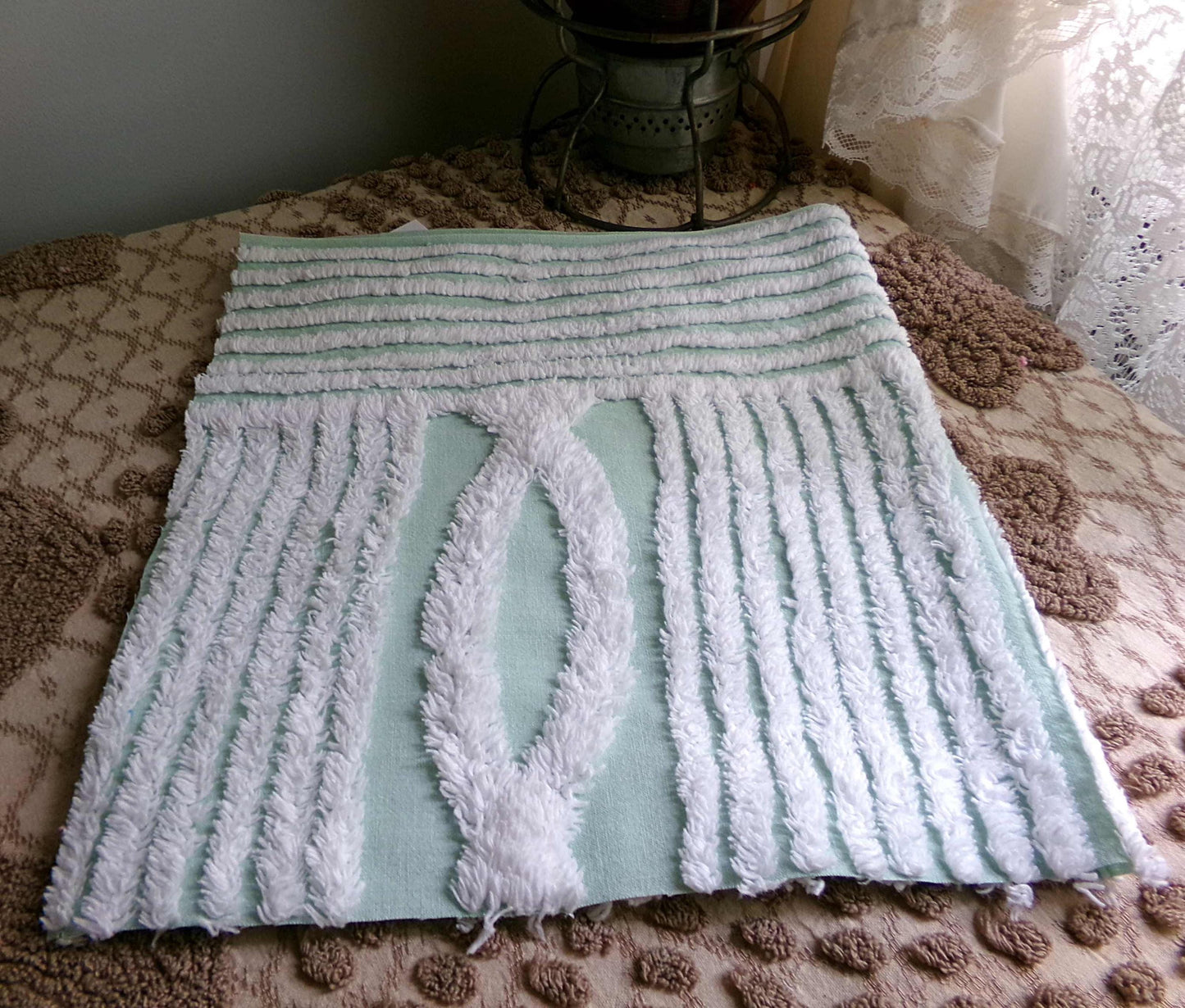 Fabric Piece from Vintage Chenille Bedspread in Mint Green & White Geometric Stripe, 12" x 22" inches